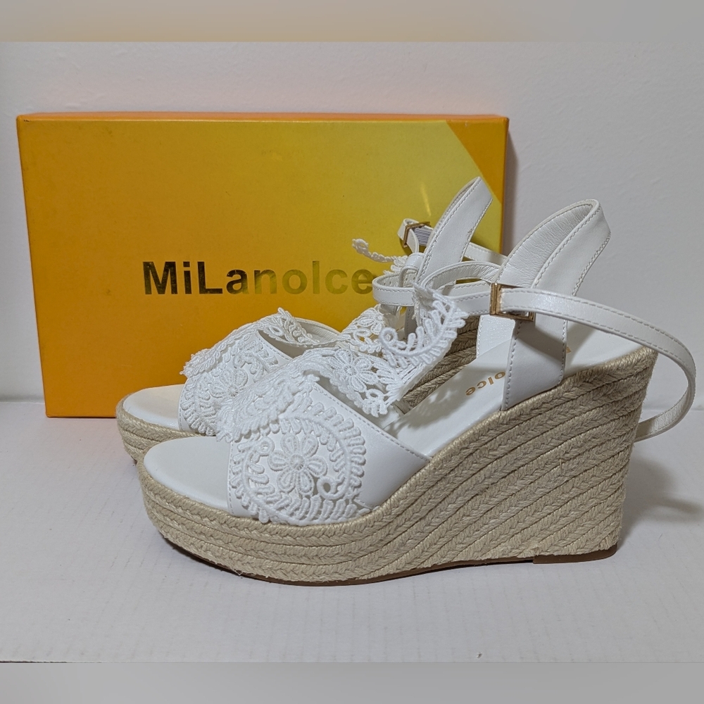 SZ 8 Mi Lanolce Women's Embroidered Lace Platform Espadrille Wedge Sandals